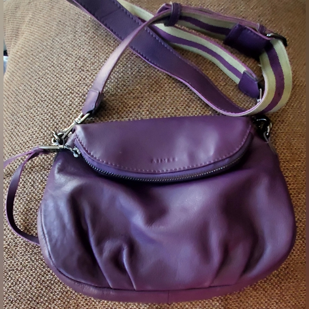 Aimee Kestenberg Purple Leather Crossbody with Striped Adjustable Strap NWOT
